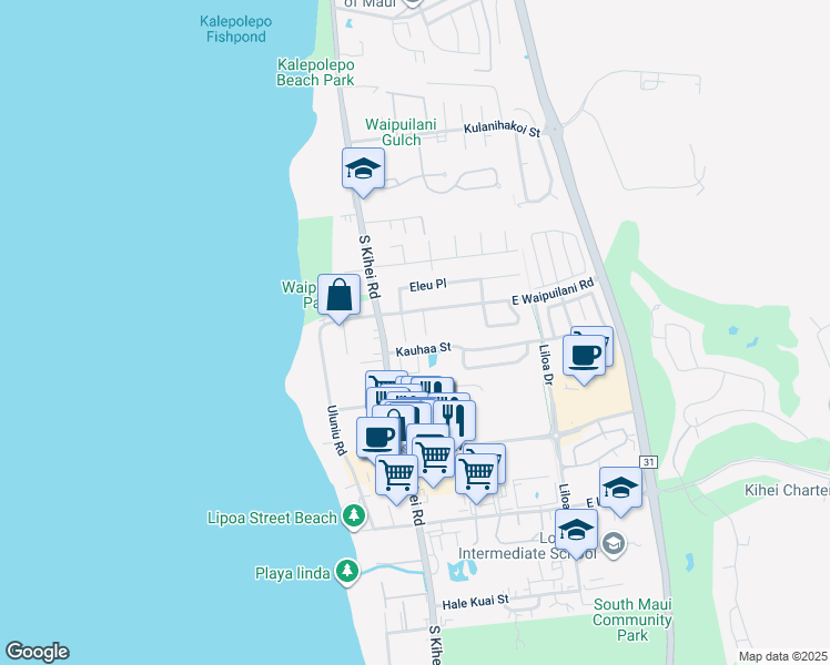 map of restaurants, bars, coffee shops, grocery stores, and more near 30 Kaikane Place in Kihei