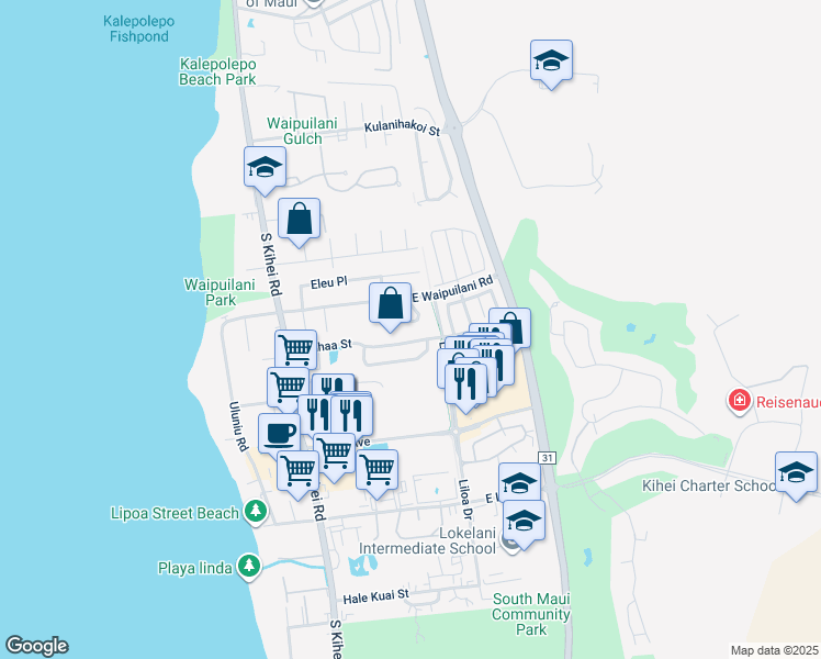 map of restaurants, bars, coffee shops, grocery stores, and more near 1117 Kahaapo Loop in Kihei
