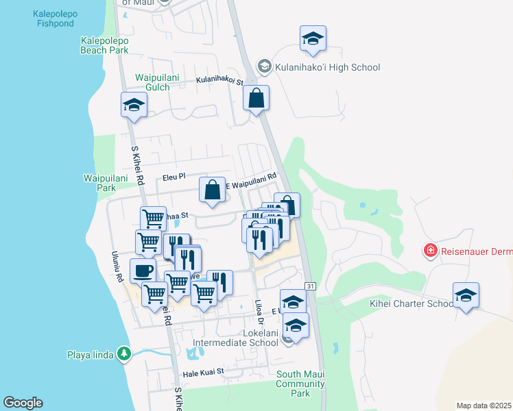 map of restaurants, bars, coffee shops, grocery stores, and more near 225 Kauhaa Street in Kihei