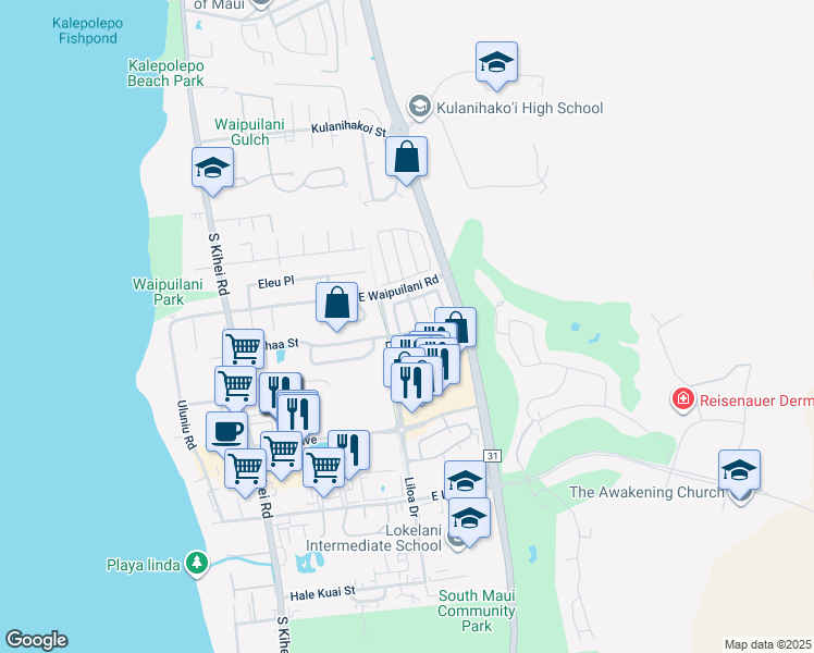 map of restaurants, bars, coffee shops, grocery stores, and more near 225 Kauhaa Street in Kihei