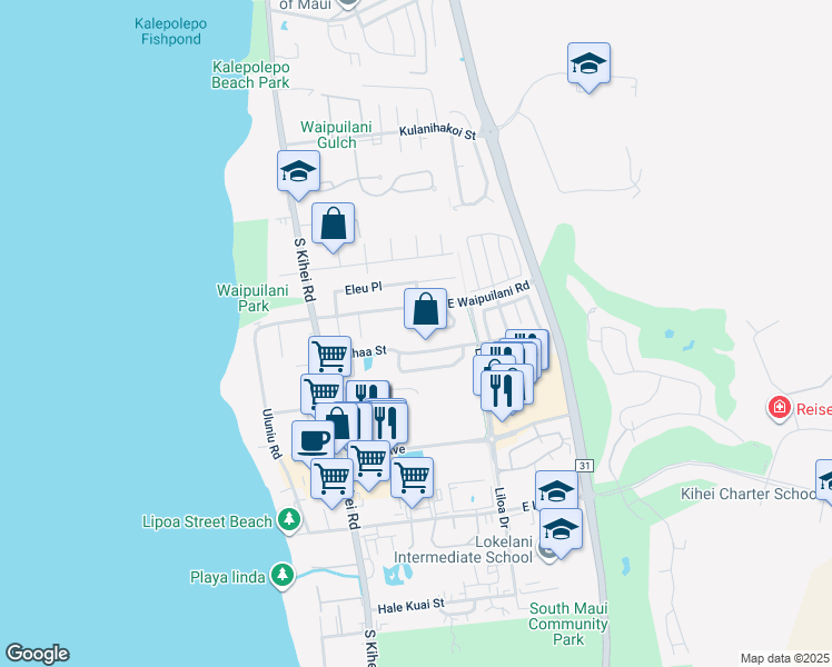 map of restaurants, bars, coffee shops, grocery stores, and more near 1085 Kahaapo Loop in Kihei