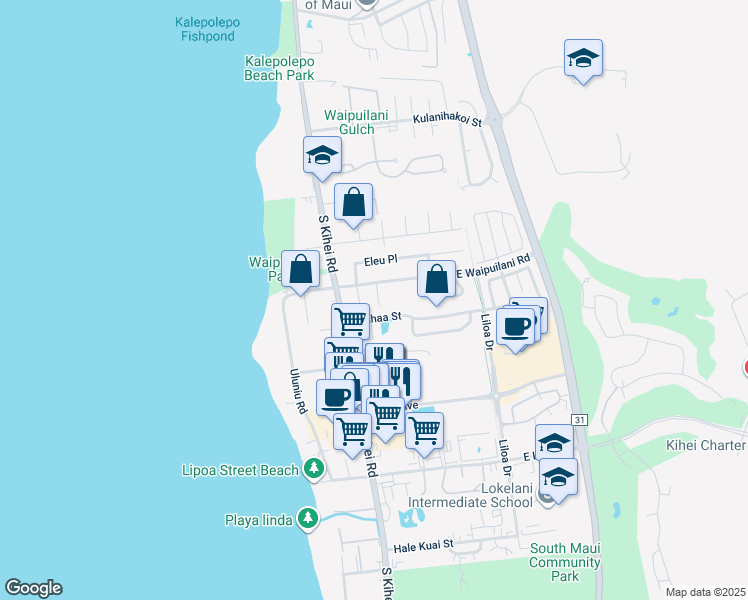 map of restaurants, bars, coffee shops, grocery stores, and more near 30 Kaikane Place in Kihei