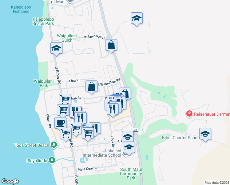 map of restaurants, bars, coffee shops, grocery stores, and more near 51 Luakaha Circle in Kihei