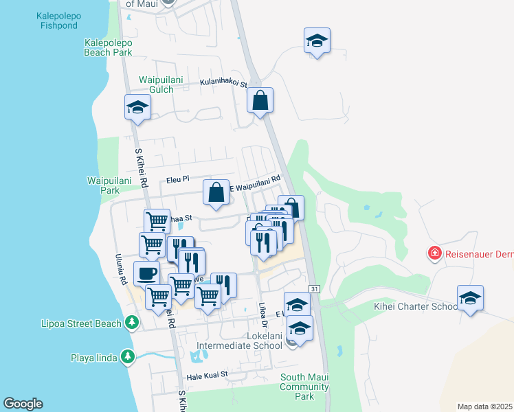 map of restaurants, bars, coffee shops, grocery stores, and more near 49 Wawali Street in Kihei