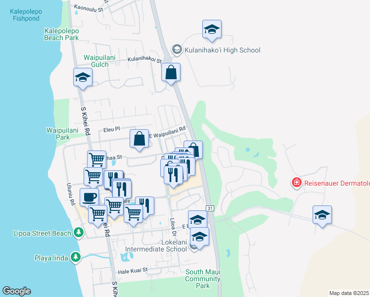 map of restaurants, bars, coffee shops, grocery stores, and more near 36 Waihili Place in Kihei