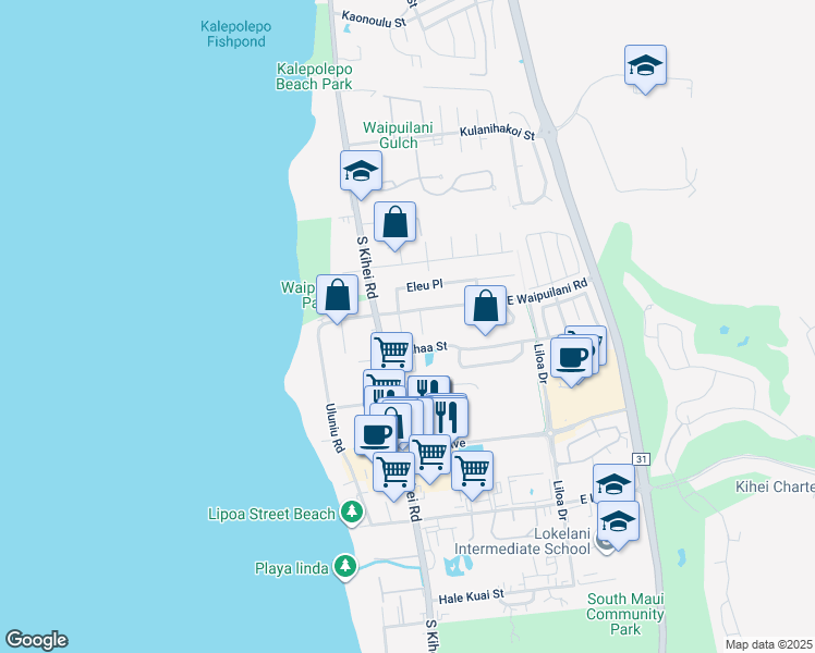 map of restaurants, bars, coffee shops, grocery stores, and more near 36 East Waipuilani Road in Kihei