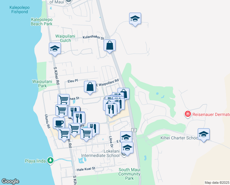 map of restaurants, bars, coffee shops, grocery stores, and more near 34 Akeu Place in Kihei