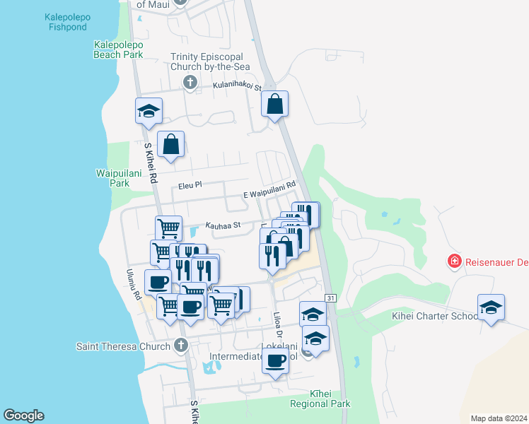 map of restaurants, bars, coffee shops, grocery stores, and more near 44 Wawali Street in Kihei