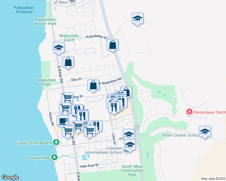 map of restaurants, bars, coffee shops, grocery stores, and more near 42 Luakaha Circle in Kihei
