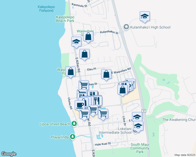 map of restaurants, bars, coffee shops, grocery stores, and more near 0 East Waipuilani Road in Kihei