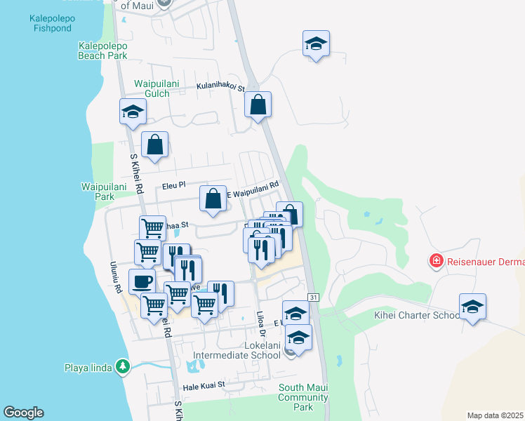 map of restaurants, bars, coffee shops, grocery stores, and more near 42 Luakaha Circle in Kihei