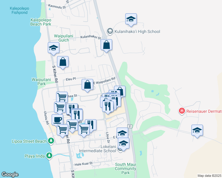 map of restaurants, bars, coffee shops, grocery stores, and more near 32 Akeu Place in Kihei