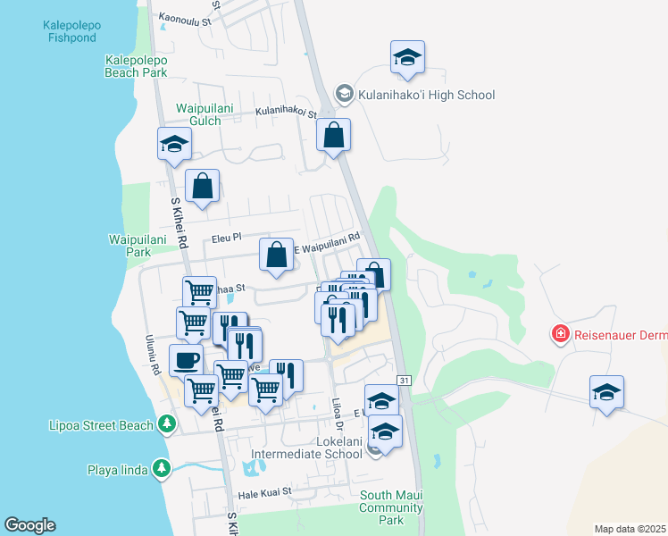 map of restaurants, bars, coffee shops, grocery stores, and more near 38 Luakaha Circle in Kihei