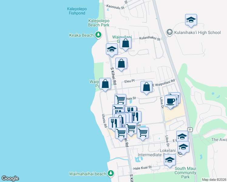 map of restaurants, bars, coffee shops, grocery stores, and more near 1032 South Kihei Road in Kihei