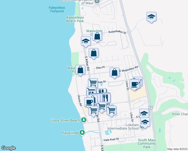 map of restaurants, bars, coffee shops, grocery stores, and more near 16 East Waipuilani Road in Kihei