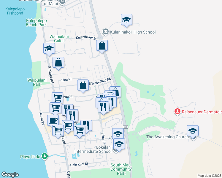 map of restaurants, bars, coffee shops, grocery stores, and more near 171 Luakaha Circle in Kihei