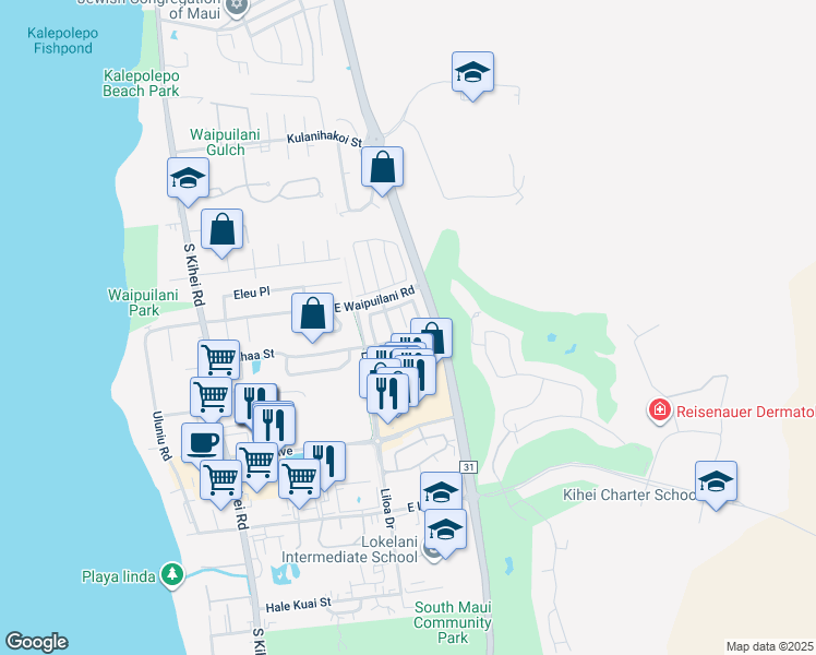 map of restaurants, bars, coffee shops, grocery stores, and more near 27 Akeu Place in Kihei