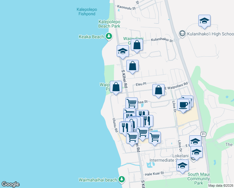 map of restaurants, bars, coffee shops, grocery stores, and more near West Waipuilani Road in Kihei