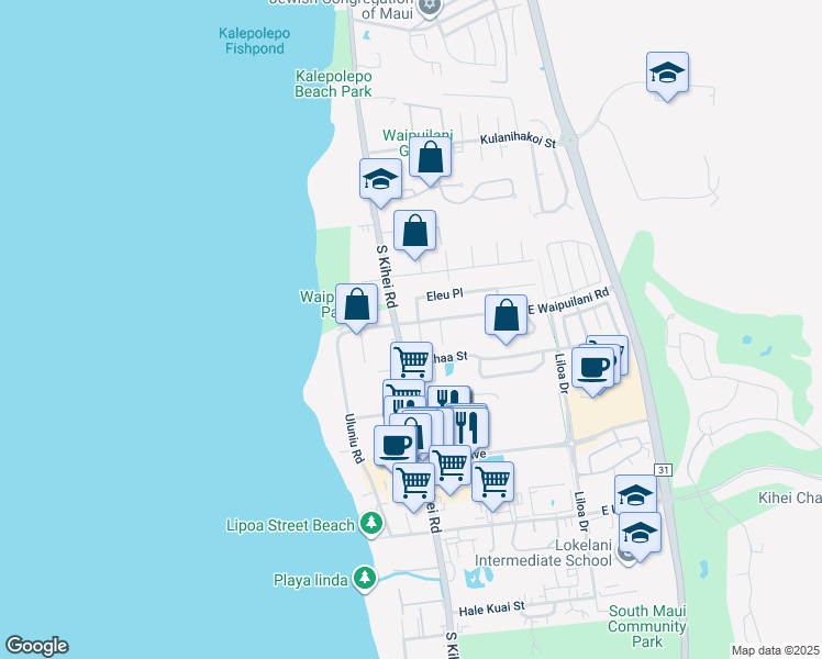 map of restaurants, bars, coffee shops, grocery stores, and more near 16 East Waipuilani Road in Kihei
