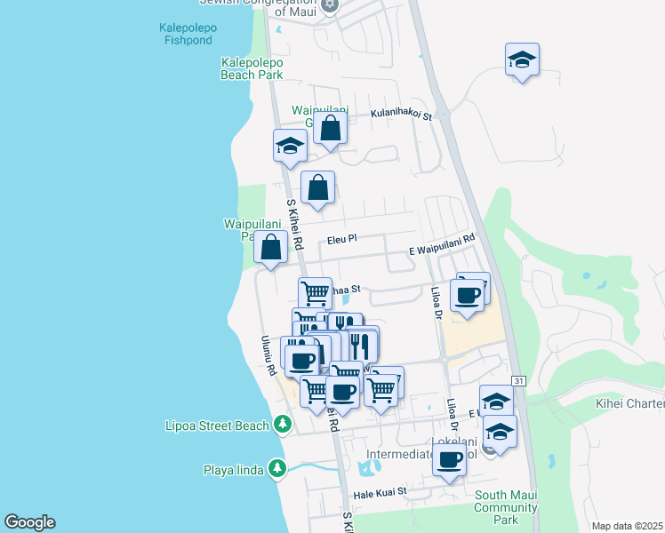 map of restaurants, bars, coffee shops, grocery stores, and more near 8 Kaikane Place in Kihei