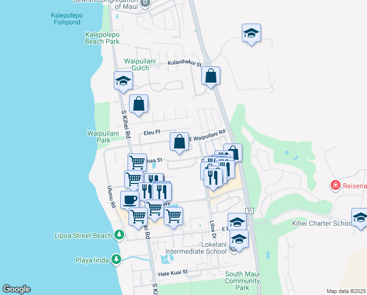 map of restaurants, bars, coffee shops, grocery stores, and more near 1104 Kahaapo Loop in Kihei
