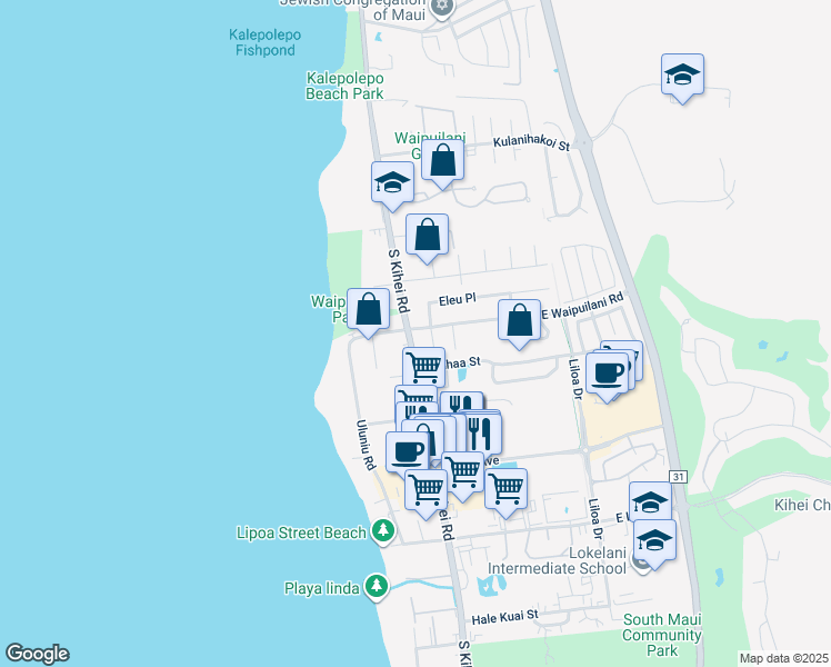 map of restaurants, bars, coffee shops, grocery stores, and more near 6 East Waipuilani Road in Kihei