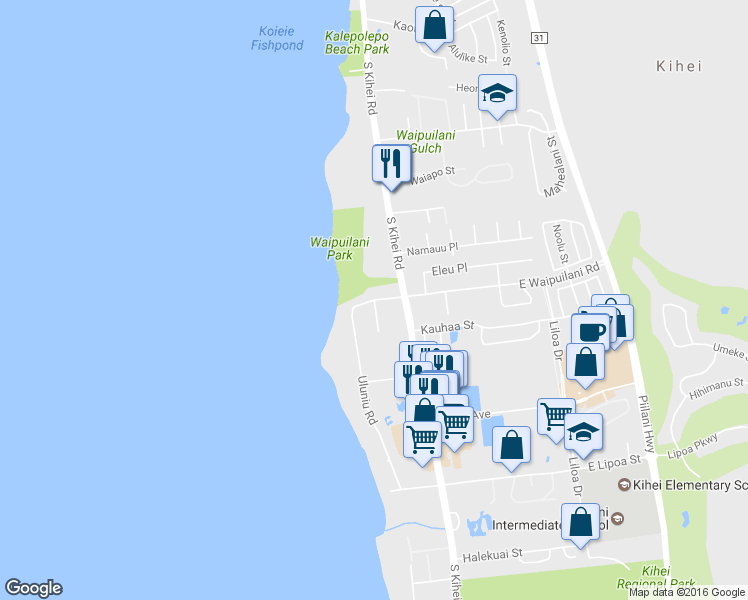 map of restaurants, bars, coffee shops, grocery stores, and more near West Waipuilani Road in Kihei