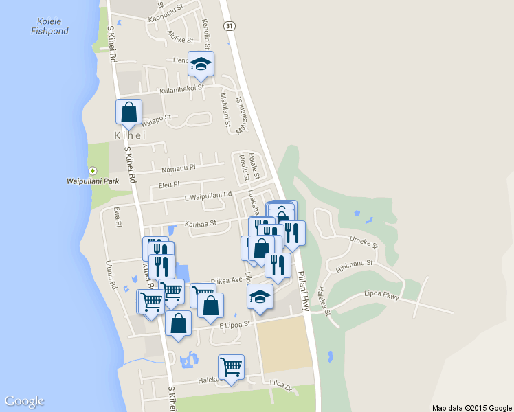 map of restaurants, bars, coffee shops, grocery stores, and more near 41 Luakaha Circle in Kihei
