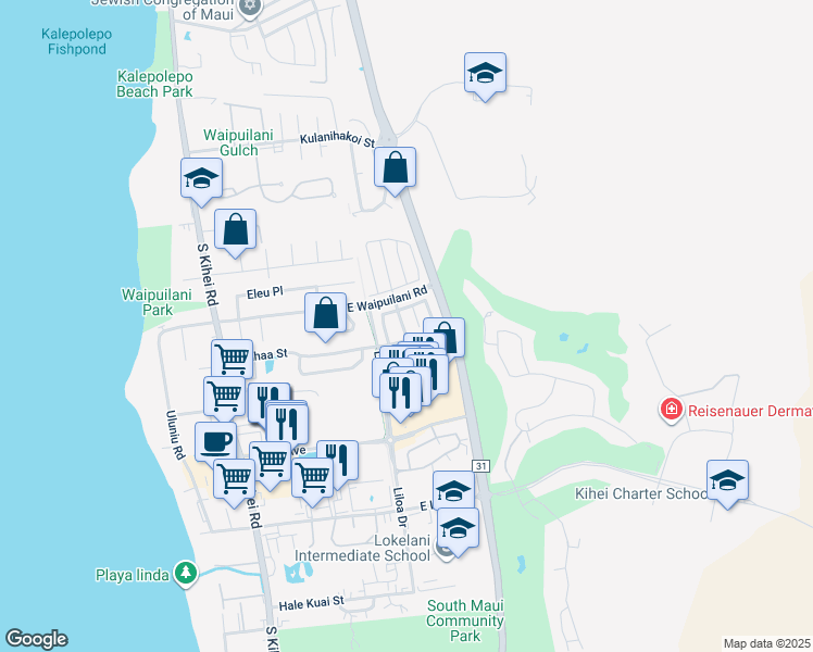 map of restaurants, bars, coffee shops, grocery stores, and more near 41 Luakaha Circle in Kihei