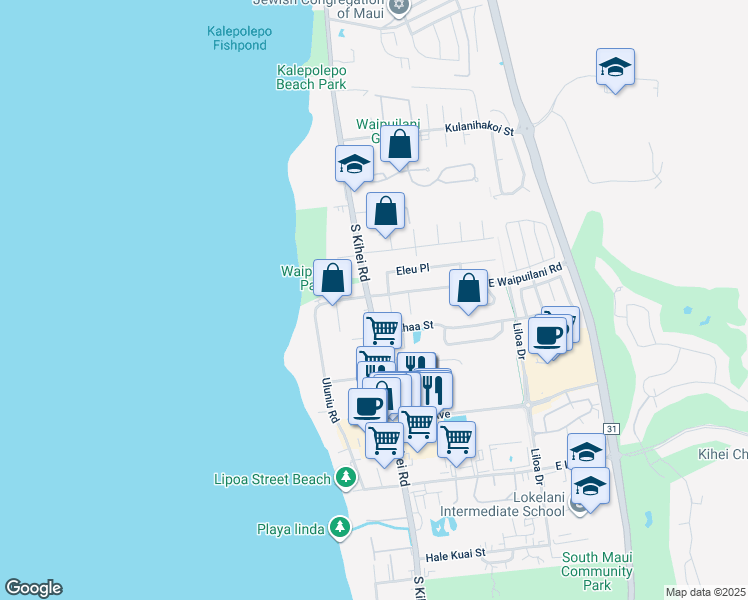 map of restaurants, bars, coffee shops, grocery stores, and more near 6 East Waipuilani Road in Kihei