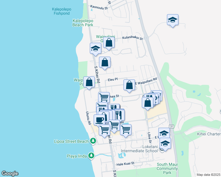 map of restaurants, bars, coffee shops, grocery stores, and more near 75a East Waipuilani Road in Kihei