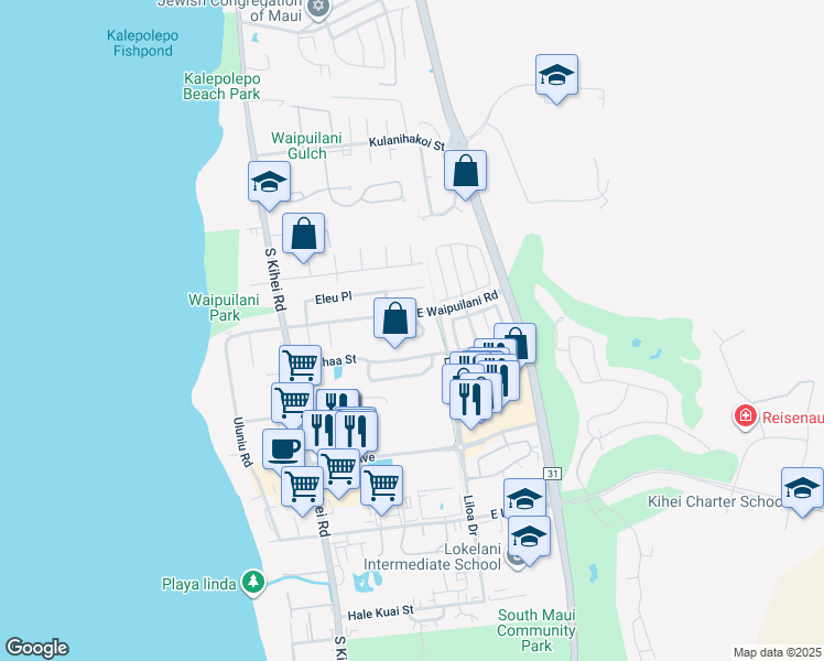 map of restaurants, bars, coffee shops, grocery stores, and more near 1116 Kahaapo Loop in Kihei