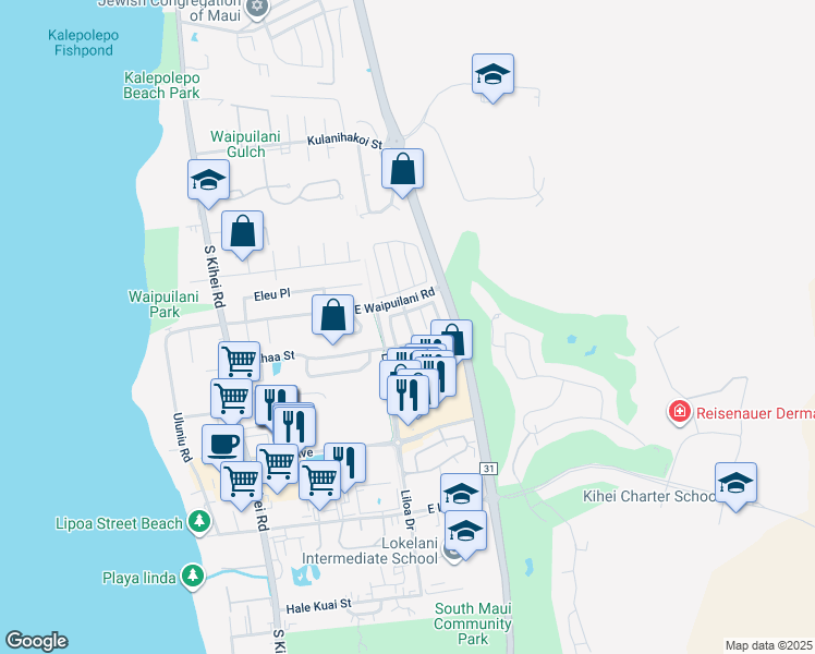 map of restaurants, bars, coffee shops, grocery stores, and more near 28 Luakaha Circle in Kihei