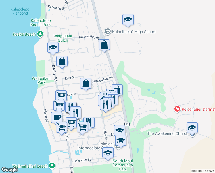 map of restaurants, bars, coffee shops, grocery stores, and more near 41 Luakaha Circle in Kihei