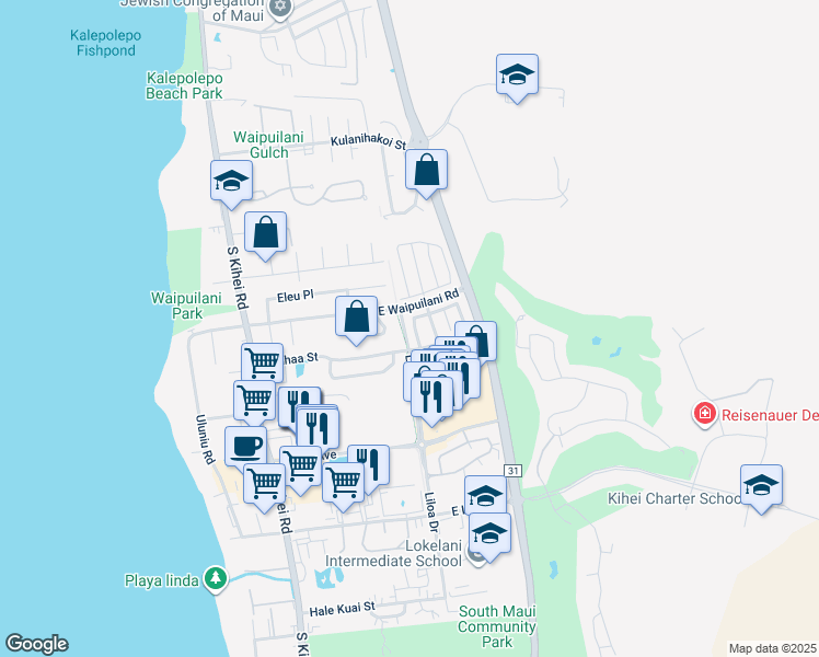 map of restaurants, bars, coffee shops, grocery stores, and more near 30 Wawali Street in Kihei