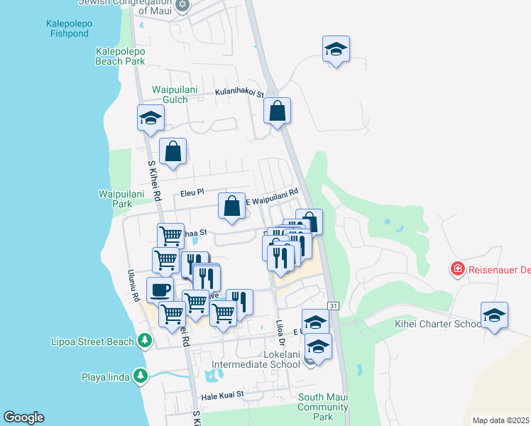 map of restaurants, bars, coffee shops, grocery stores, and more near 30 Wawali Street in Kihei