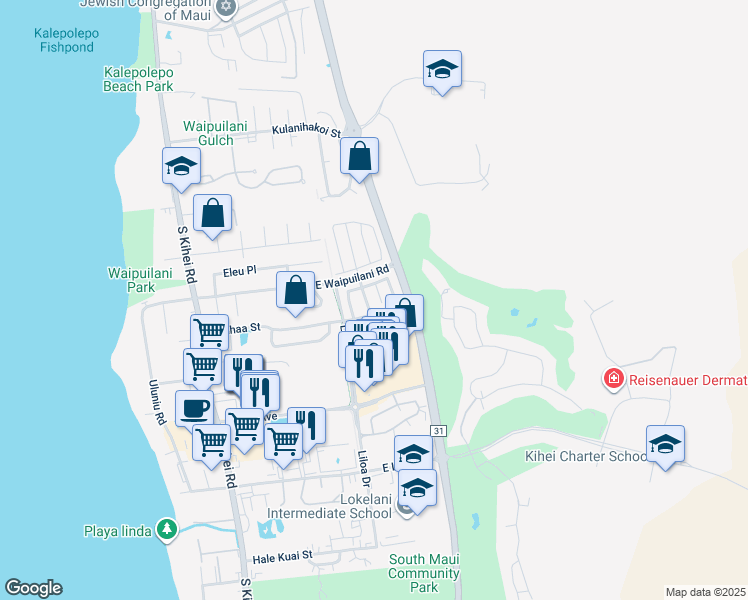 map of restaurants, bars, coffee shops, grocery stores, and more near 22 Akeu Place in Kihei