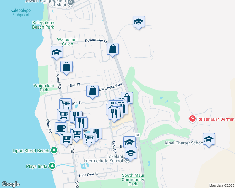 map of restaurants, bars, coffee shops, grocery stores, and more near 22 Akeu Place in Kihei