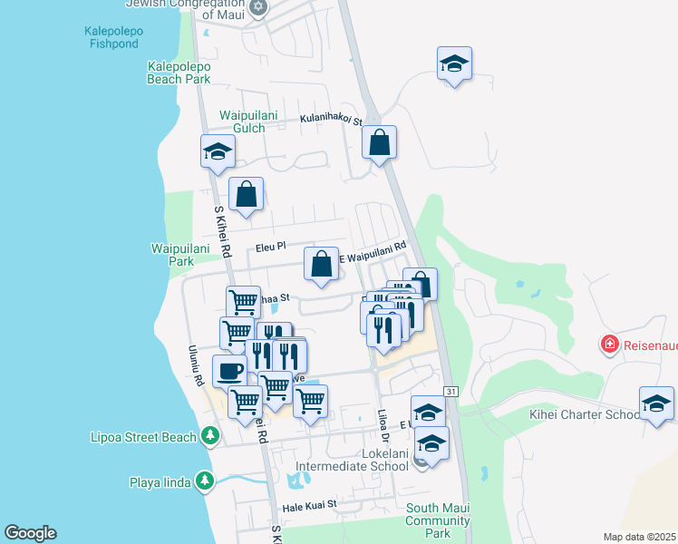 map of restaurants, bars, coffee shops, grocery stores, and more near 1155 Kahaapo Loop in Kihei