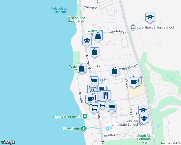 map of restaurants, bars, coffee shops, grocery stores, and more near 0 East Waipuilani Road in Kihei