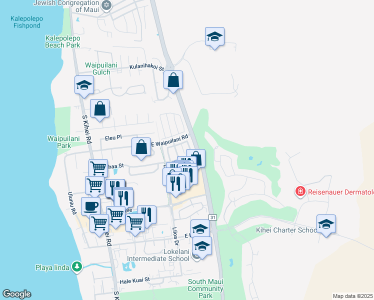 map of restaurants, bars, coffee shops, grocery stores, and more near 177 Luakaha Circle in Kihei