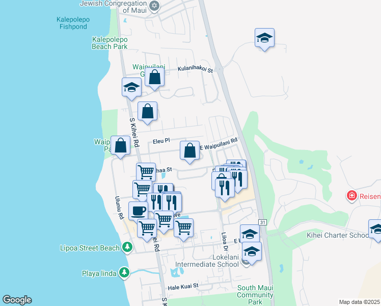 map of restaurants, bars, coffee shops, grocery stores, and more near 1072 Kahaapo Loop in Kihei