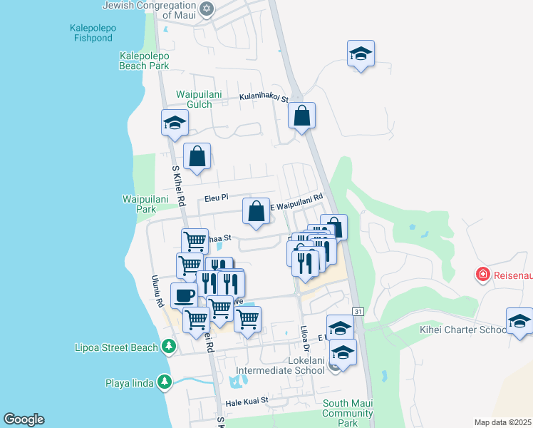 map of restaurants, bars, coffee shops, grocery stores, and more near 1150 Kahaapo Loop in Kihei
