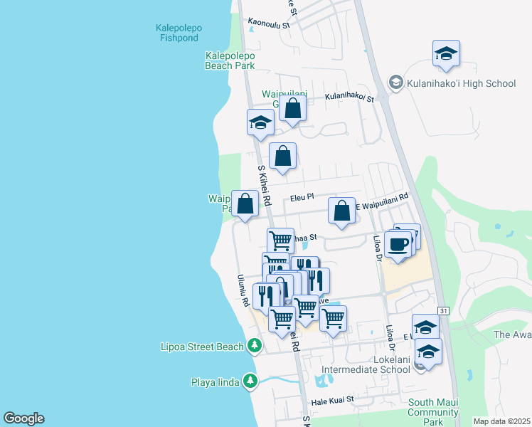 map of restaurants, bars, coffee shops, grocery stores, and more near 1032 South Kihei Road in Kihei