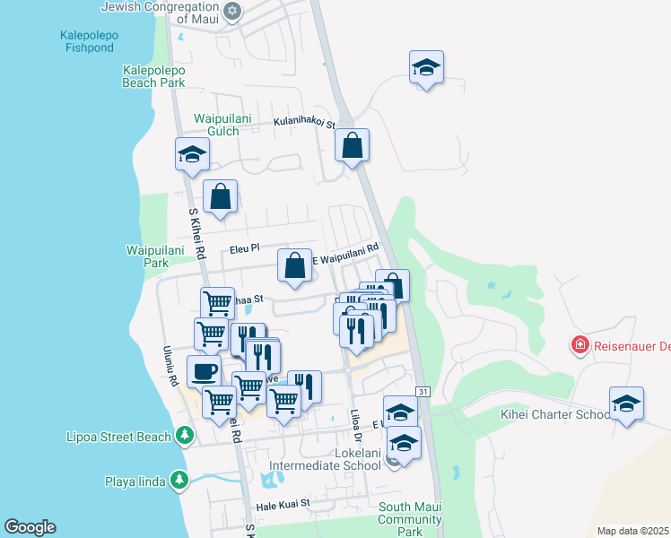 map of restaurants, bars, coffee shops, grocery stores, and more near 24 Wawali Street in Kihei