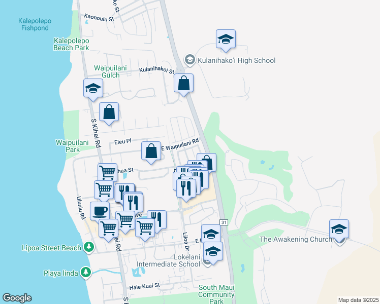 map of restaurants, bars, coffee shops, grocery stores, and more near 14 Akeu Place in Kihei