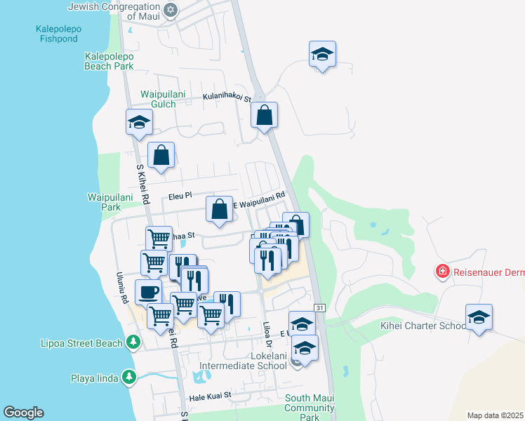 map of restaurants, bars, coffee shops, grocery stores, and more near 22 Luakaha Circle in Kihei