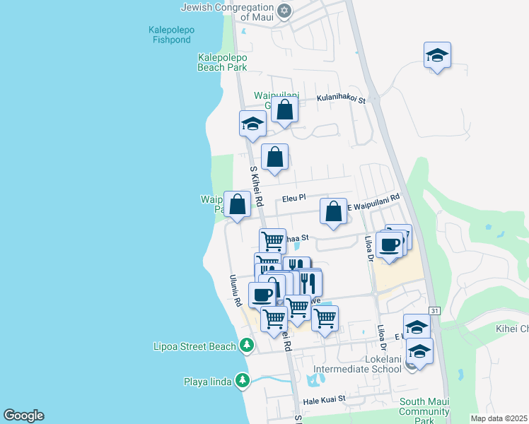 map of restaurants, bars, coffee shops, grocery stores, and more near 1051 South Kihei Road in Kihei