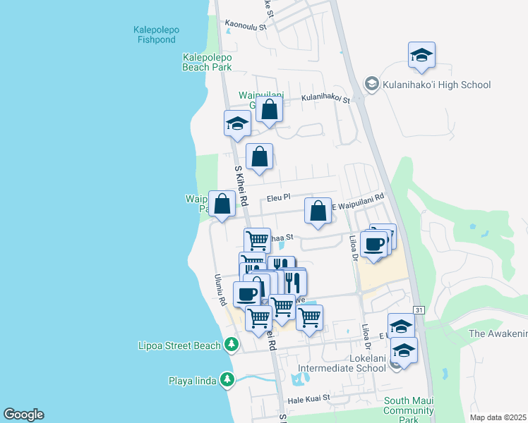 map of restaurants, bars, coffee shops, grocery stores, and more near 37 East Waipuilani Road in Kihei