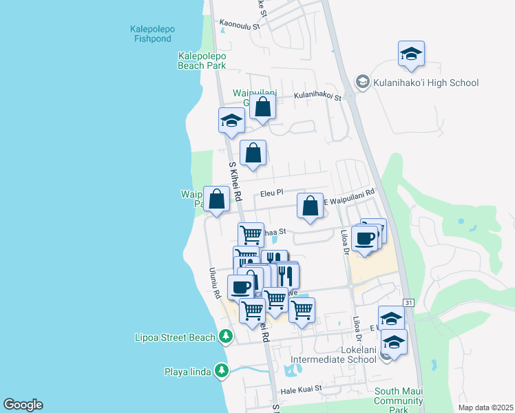 map of restaurants, bars, coffee shops, grocery stores, and more near 37 East Waipuilani Road in Kihei